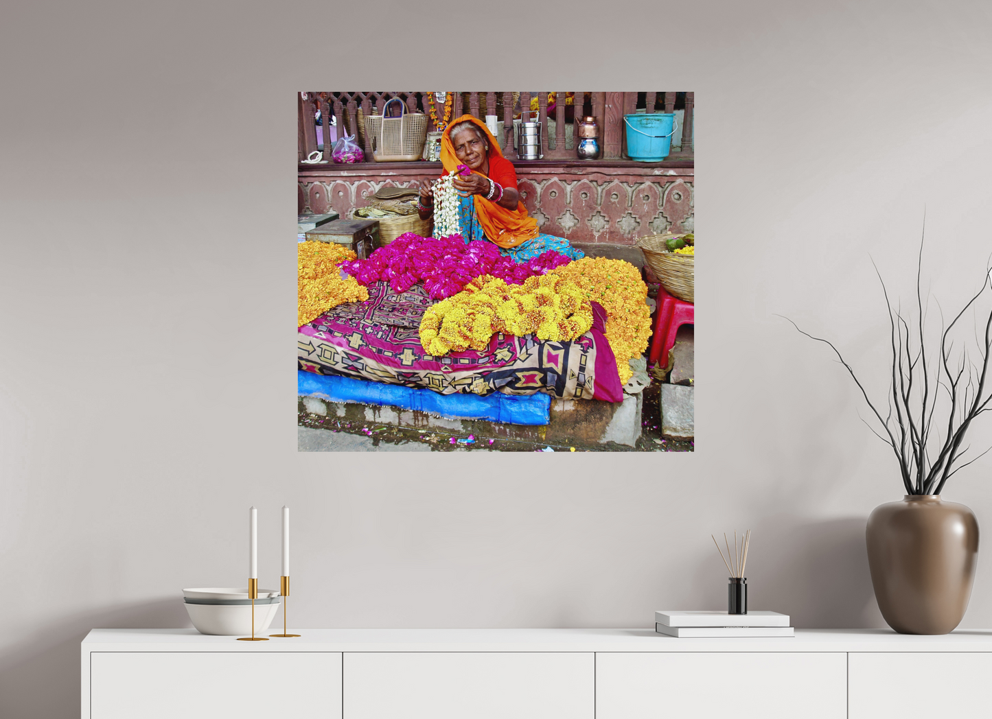 88 x 80 cm, Impression mate fine art sur alu dibond (prête à être accrochée) Empire fleuri (Inde, Jaipur)